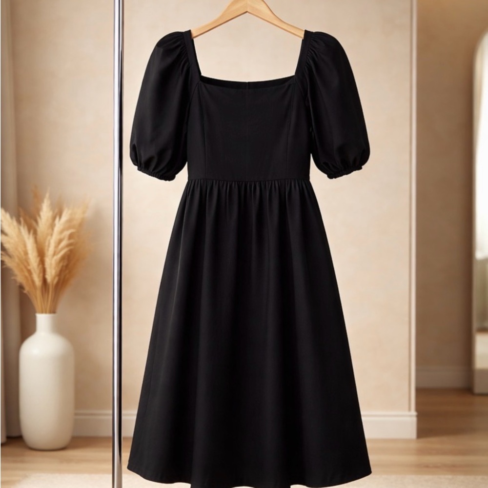 Bobeau Dark Blue Midi Dress with Puff Sleeves